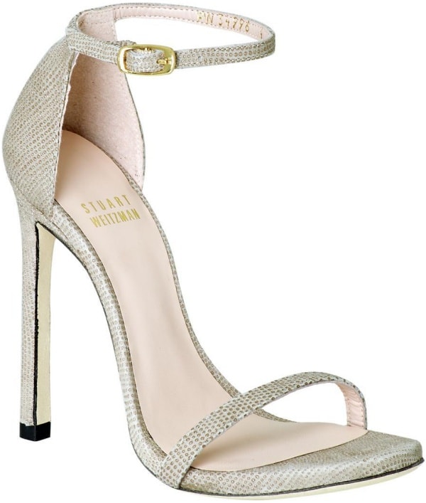 Stuart Weitzman "Nudist" Sandals in Fawn Goose Bump Nappa