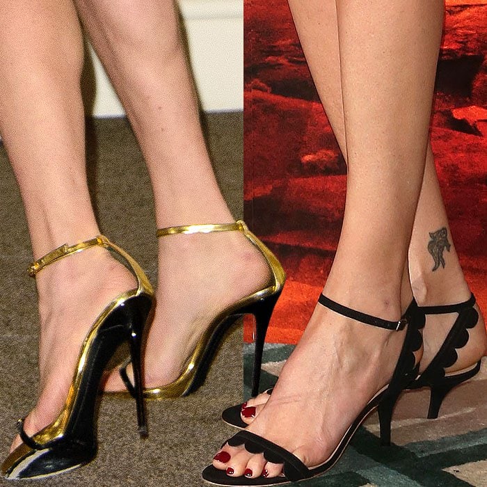 From the vertiginous stiletto heel on Amanda Seyfried’s Giuseppe Zanotti sandals to the modest lift of Charlize Theron’s Loeffler Randall “Lillit” kitten heels, the footwear tells the full height-contrast story