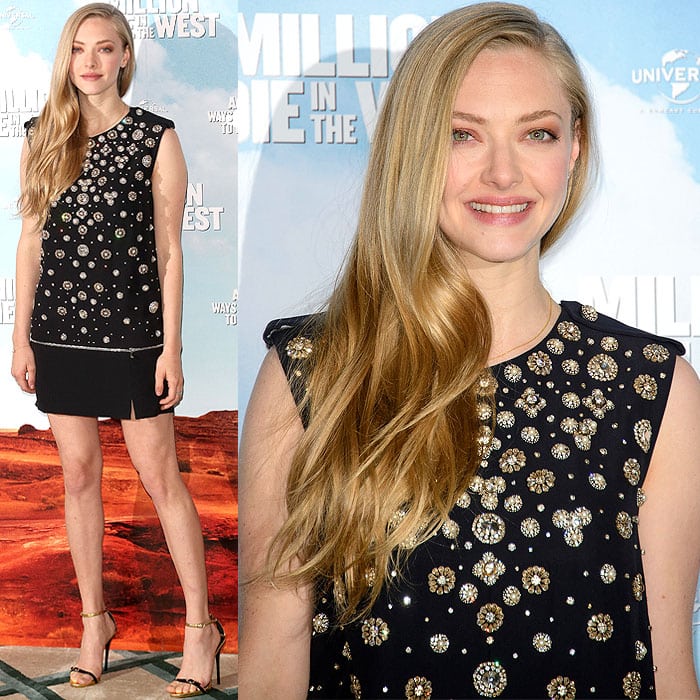 Amanda Seyfried lets her embellished Alexander McQueen mini dress take center stage, finishing the look with sleek, sky-high Giuseppe Zanotti ankle-strap sandals that elongate her frame