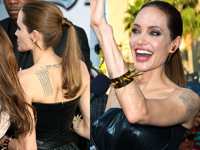 Angelina Jolie's chestnut hair slicked back into a ponytail