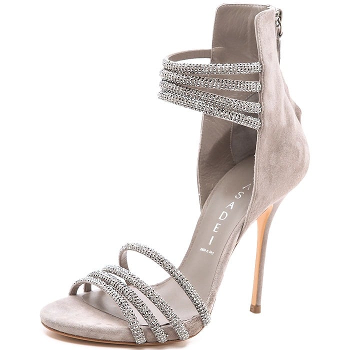 Casadei crystal-strap suede sandals feature a slim stiletto heel, open toe, and shimmering multi-strap detailing that delivers refined red-carpet sparkle