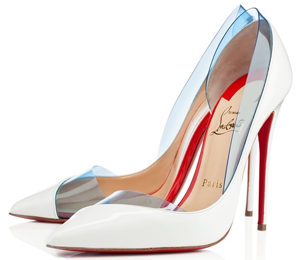 Christian Louboutin’s “Miss Rigidaine” pumps paired clean white leather with aquamarine PVC side panels, updating the timeless d’Orsay silhouette with a futuristic, leg-lengthening finish