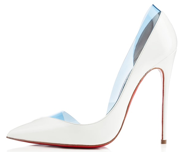 Christian Louboutin’s “Miss Rigidaine” pumps paired clean white leather with aquamarine PVC side panels, updating the timeless d’Orsay silhouette with a futuristic, leg-lengthening finish