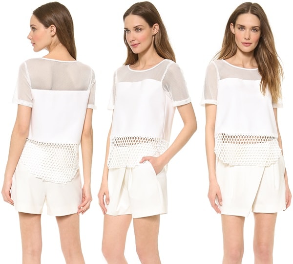 This monochrome has a distinctive edge with variegated mesh panels and a raw, round hem