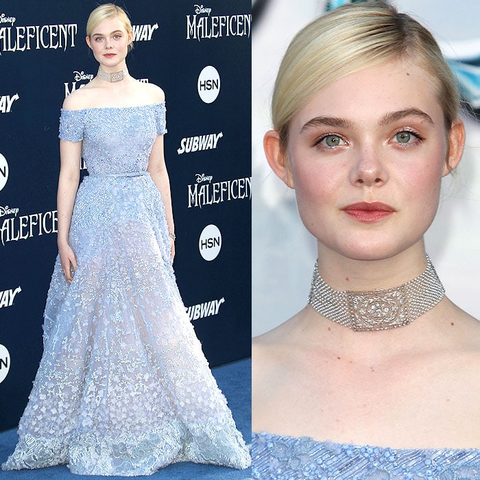 Elle Fanning wears a silver choker necklace at the Maleficent world premiere