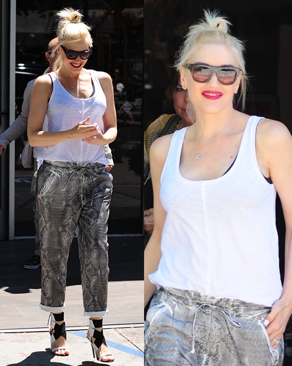 Gwen Stefani exudes effortless style in a white tank top paired with snakeskin drawstring pants and L.A.M.B. "Reina" sandals