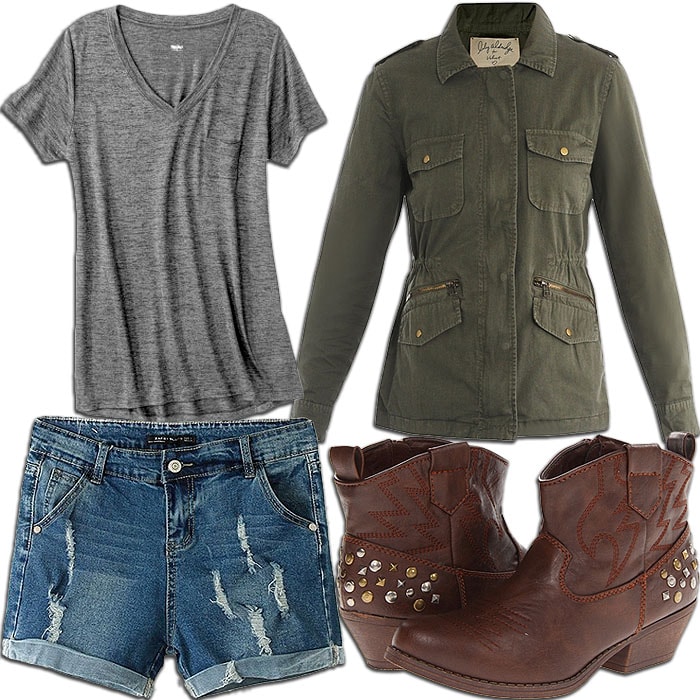 Effortlessly chic: Pair a gray Mossimo V-neck tee and Chicnova distressed denim shorts with a Velvet by Graham and Spencer olive military jacket and Gabriella Rocha studded brown ankle boots for a stylish casual look