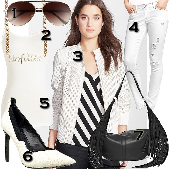 Get Khloé Kardashian's chic all-white airport look with 1. FE NY aviator sunglasses, 2. Chelsea Bulte 'No Filter' necklace, 3. Bebe perforated bomber jacket, 4. Old Navy distressed white skinny jeans, 5. 'A Layer to Love' top, 6. Dolce Vita 'Karine' pumps, and 7. French Connection indie fringe hobo bag