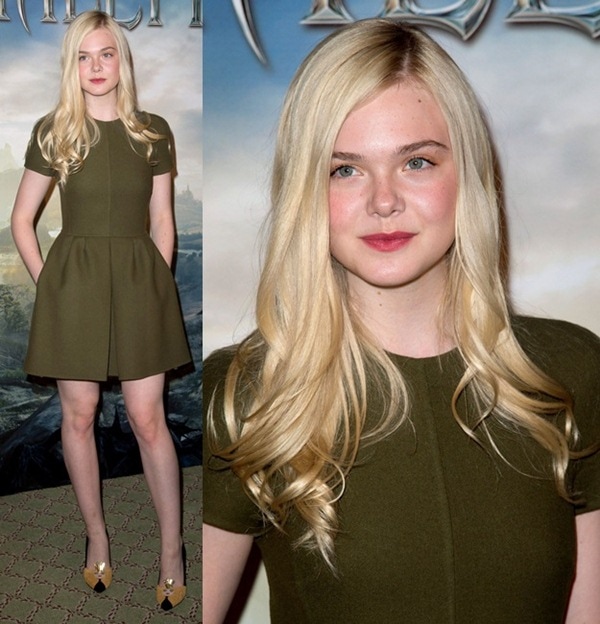 Elle Fanning looked lovely in a youthful moss green Valentino dress with whimsical Charlotte Olympia 'Sleeping Beauty' pumps