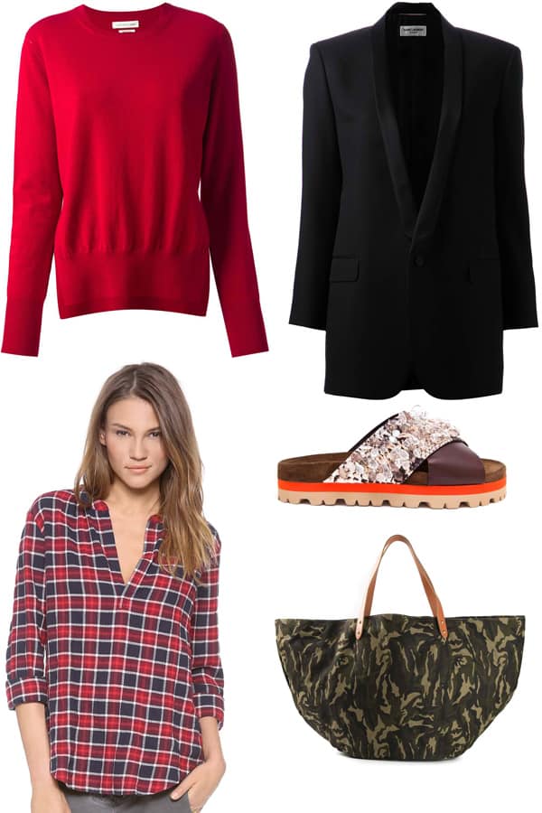Saint Laurent Classic Blazer, $2,950.00 / Isabel Marant Etoile Orlane Sweater, $168.04 / Velvet Venise Plaid Shirt, $75.60 / MSGM Embellished Pool Slide Sandals, $629.48 / Day Birger Et Mikkelsen Oversized Camo Bag, $148.37