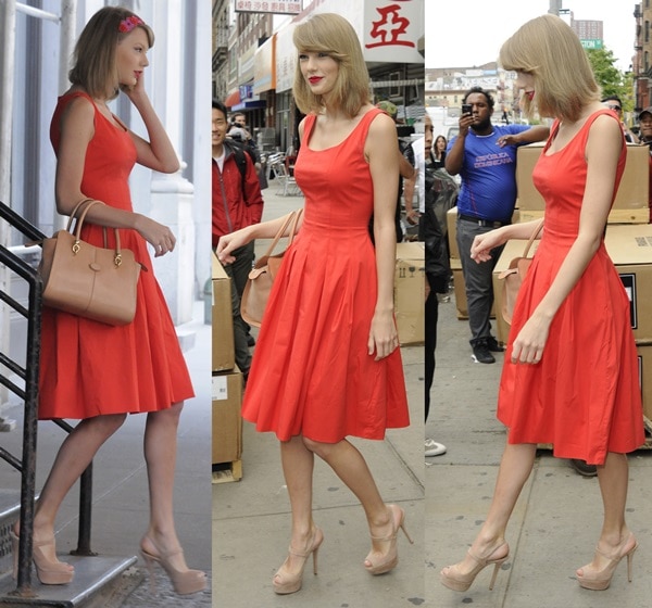 Taylor Swift in a red dress and high heel shoes while out shopping and going to the gym in Manhattan, New York City, on May 19, 2014