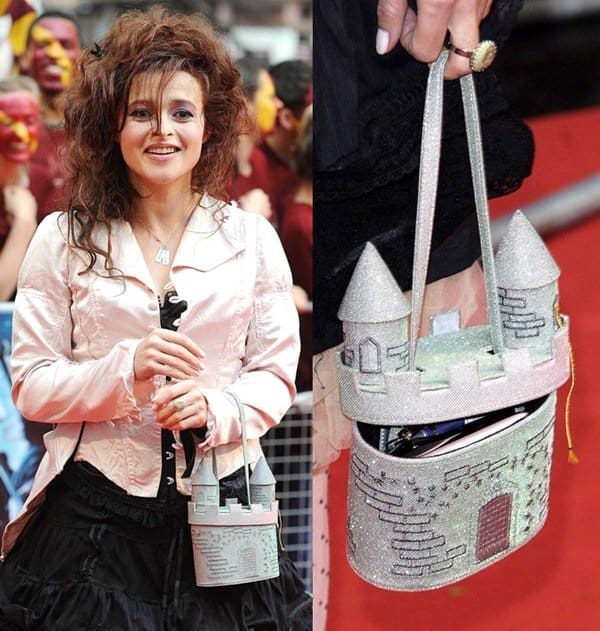 Helena Bonham Carter leans into her signature whimsy with a glittery castle-shaped handbag, paired with a pink satin jacket and voluminous black skirt at the world premiere of Harry Potter and the Half-Blood Prince in London