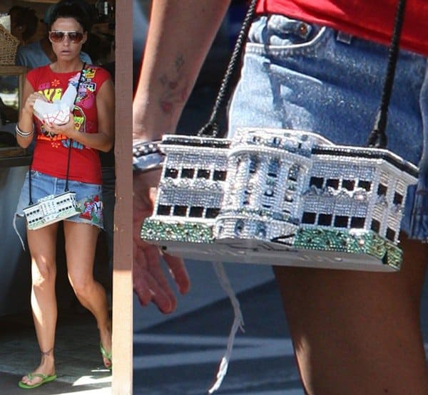 Katie Price embraces playful patriotism with a rhinestone-encrusted White House handbag, styled with a patchwork denim mini skirt and bold red tee while out in Malibu