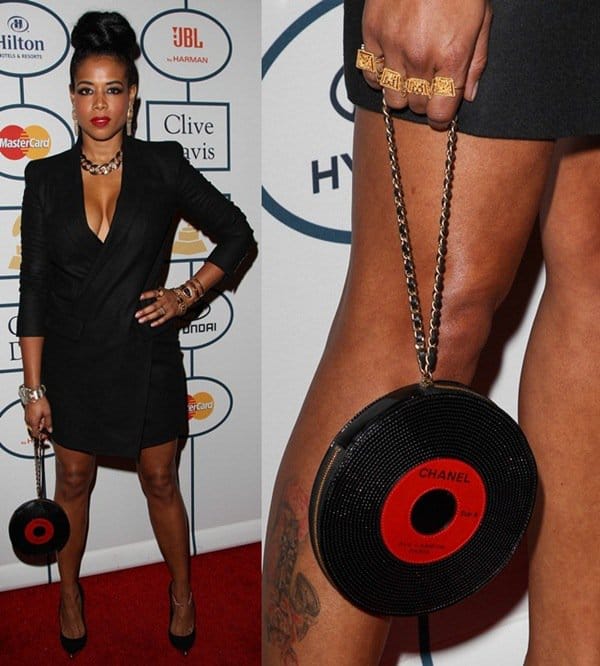 Kelis amps up the edge in a plunging black mini dress and statement jewelry, finishing her look with a rare Chanel vinyl record clutch at the 2014 Pre-Grammy Gala in Beverly Hills