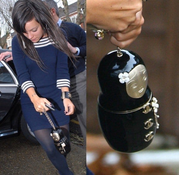 Lily Allen channels mod chic in a nautical navy mini dress, accessorizing with Chanel’s limited edition Russian doll bag from the Paris–Moscow collection while out in London