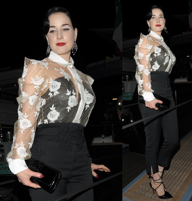 Dita Von Teese at Roberto Cavalli's boat party held during the 2014 Cannes Film Festival in France on May 21, 2014 data-lazy-srcset=