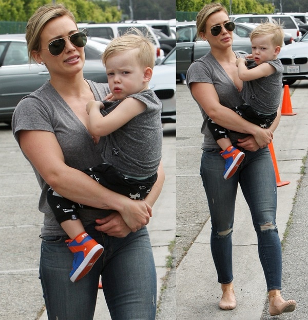 Hilary Duff wears a comfy gray tee and ripped skinny jeans by J Brand