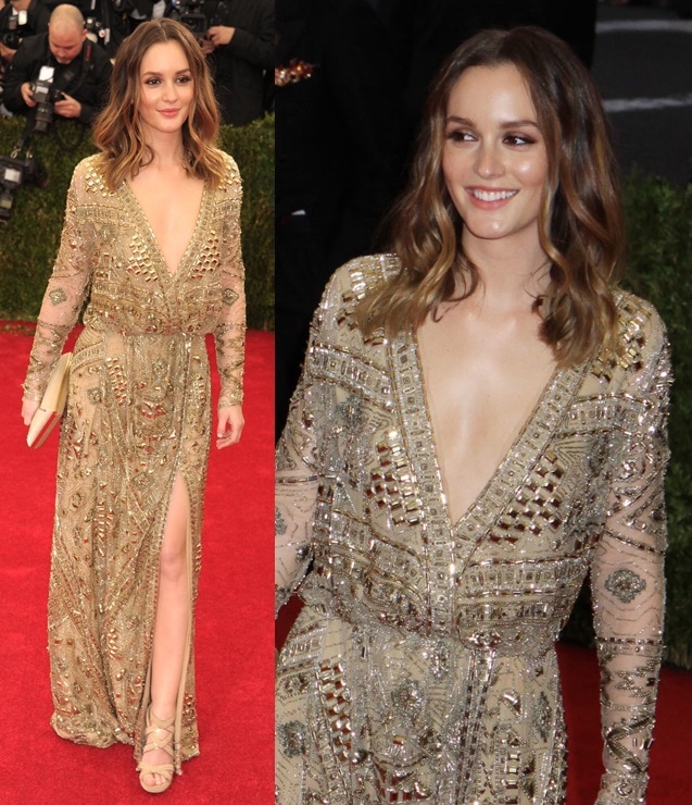 Leighton Meester let her intricately embellished gold Pucci gown take center stage, finishing the look with understated nude strappy heels that complemented the dress without competing for attention