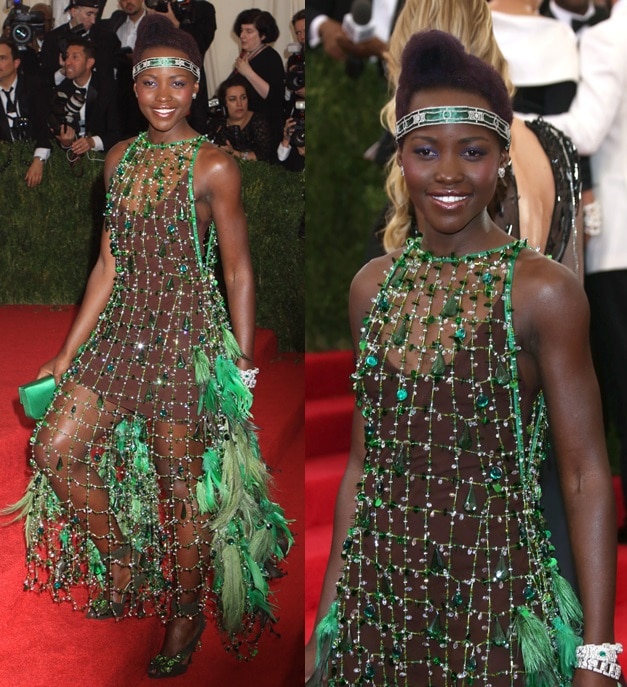 Lupita Nyong’o embraced bold, flapper-inspired fashion in a jade-green Prada ensemble adorned with beads, feathers, and fringe, pairing the daring look with gold accessories and Cartier jewels