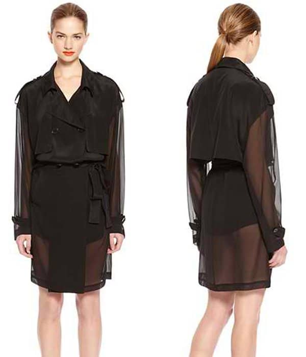DKNY’s runway trench dress plays with sheer chiffon and sharp tailoring, blending classic trench details with a modern, semi-transparent silhouette that feels boldly editorial yet unmistakably chic