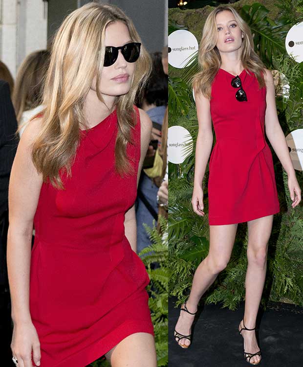 Georgia May Jagger stuns in a sculpted red mini dress and strappy sandals, pairing the look with soft waves and minimal makeup for an effortlessly refined finish