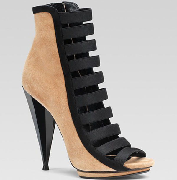 Gucci "Olimpia" High-Heel Booties in Tan/Black