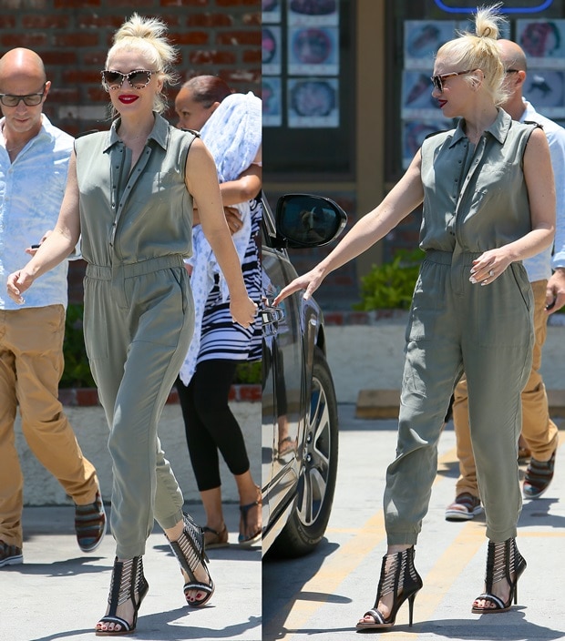 Channel Gwen Stefani's effortless chic by pairing a sleek safari-inspired jumpsuit with bold cutout heeled sandals and oversized sunglasses for a polished, summer-ready look