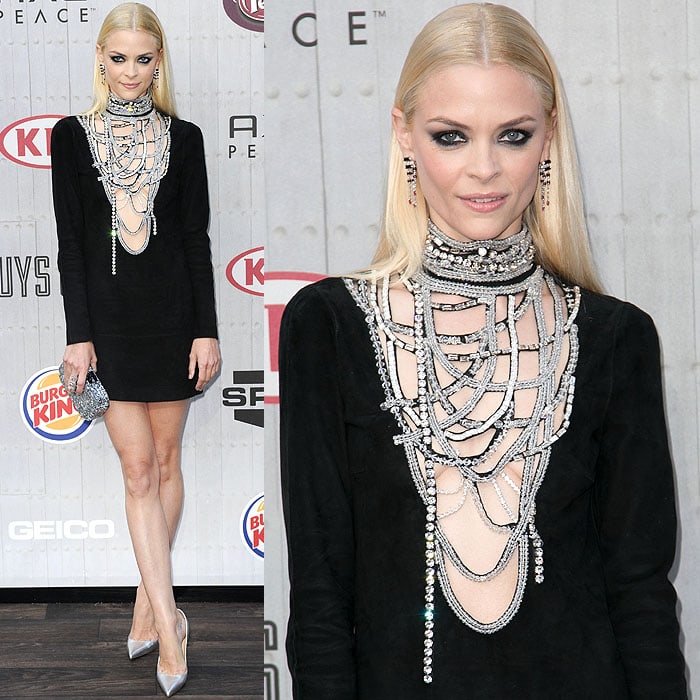 Our attention was immediately drawn to the crystals glistening on the neckline of Jaime King's long-sleeved Emilio Pucci suede mini dress