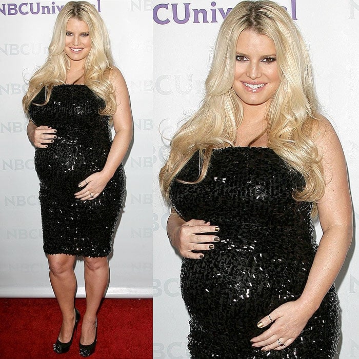 Jessica Simpson dazzled at the NBC Universal Winter TCA Press Tour All-Star Party on January 6, 2012, wearing a stunning Dolce Gabbana sequined cotton net dress paired with edgy Christian Louboutin Asteroid spike-toe pumps