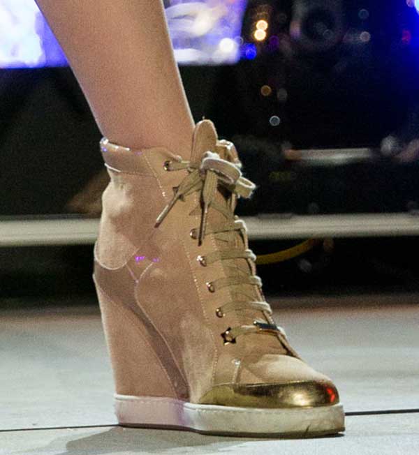 Jessie J's performance-ready style shined with these nude Jimmy Choo 'Panama' wedge sneakers