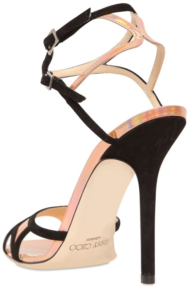 Jimmy Choo Pink 110 mm "Rumba" Suede Iridescent PVC Sandals