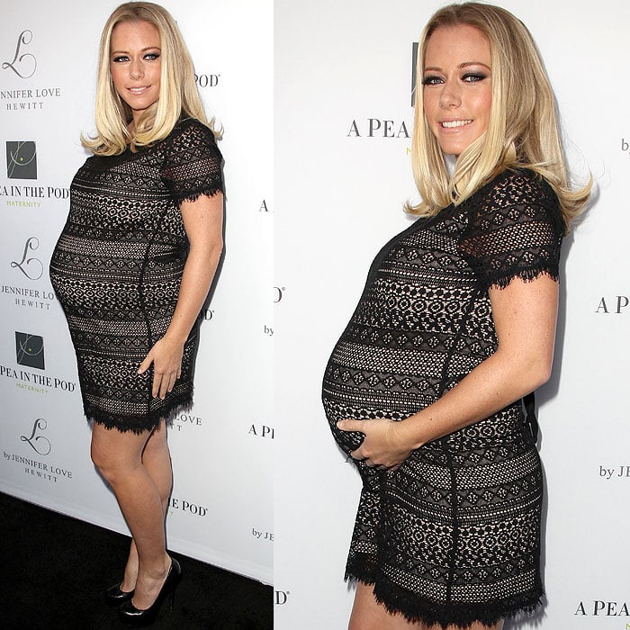 Kendra Wilkinson looked radiant at the Jennifer Love Hewitt Celebrates the Release of Her New Baby Collection with A Pea in the Pod event in Beverly Hills on April 2, 2014, wearing a chic black lace dress paired with classic black pumps