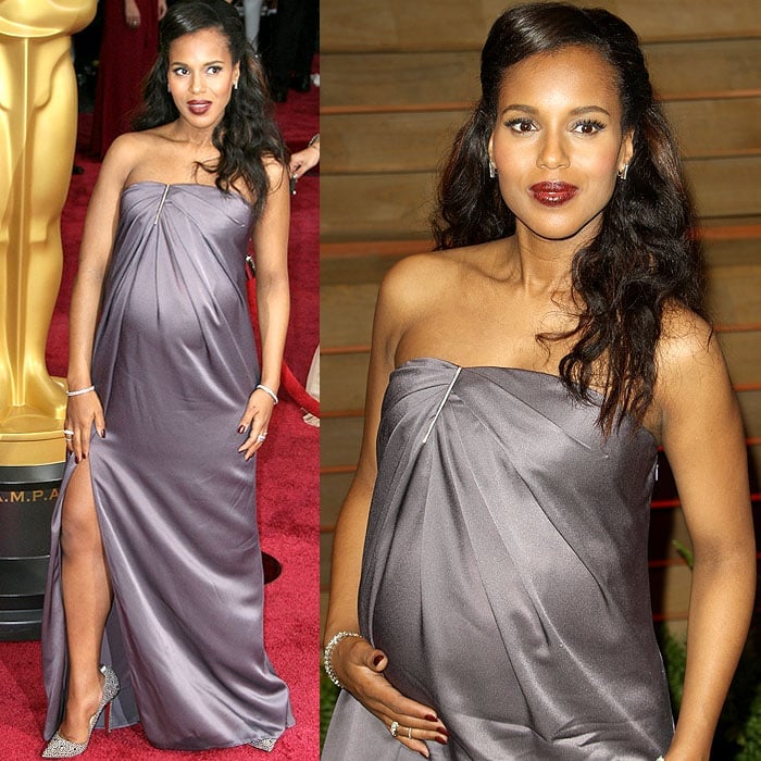 Kerry Washington dazzled at the 2014 Oscars on March 2 in a custom Jason Wu amethyst satin crepe gown with a side slit and gold tie-bar detail, paired with Jennifer Meyer jewels, embellished platinum pumps, a vampy oxblood lip, and a wavy half-up, half-down hairstyle