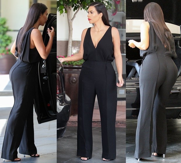 Kim Kardashian styled her overalls with ankle-strap sandals with mirrored heels