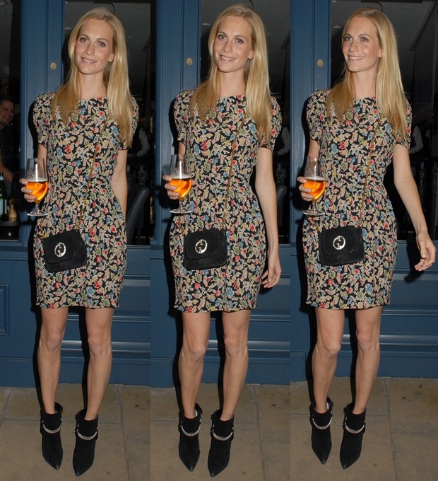 Poppy Delevingne at Il Baretto in London, sporting a vintage floral dress, on June 25, 2014