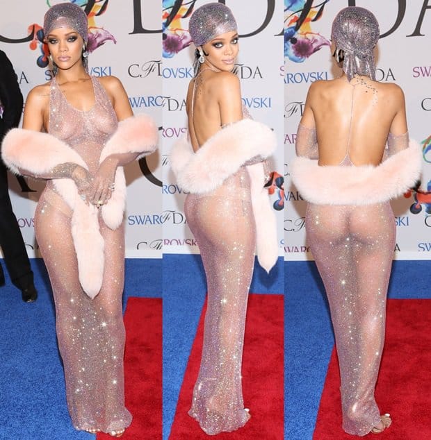 Rihanna later expressed regret about wearing a flesh-toned thong instead of bedazzled undergarments with her sheer Adam Selman fishnet dress at the 2014 CFDA Fashion Awards, wishing the thong had matched the sparkle of the rest of her outfit