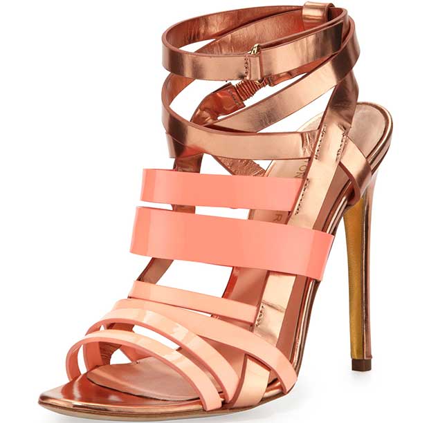 Rupert Sanderson Strappy Metallic Leather Sandals in Rose Gold/Peach