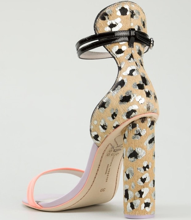 Sophia Webster “Nicole” Sandals in metallic leopard-print calf hair with neon orange front strap, black patent ankle strap, and a chunky 4.25-inch block heel, originally retailing for $495