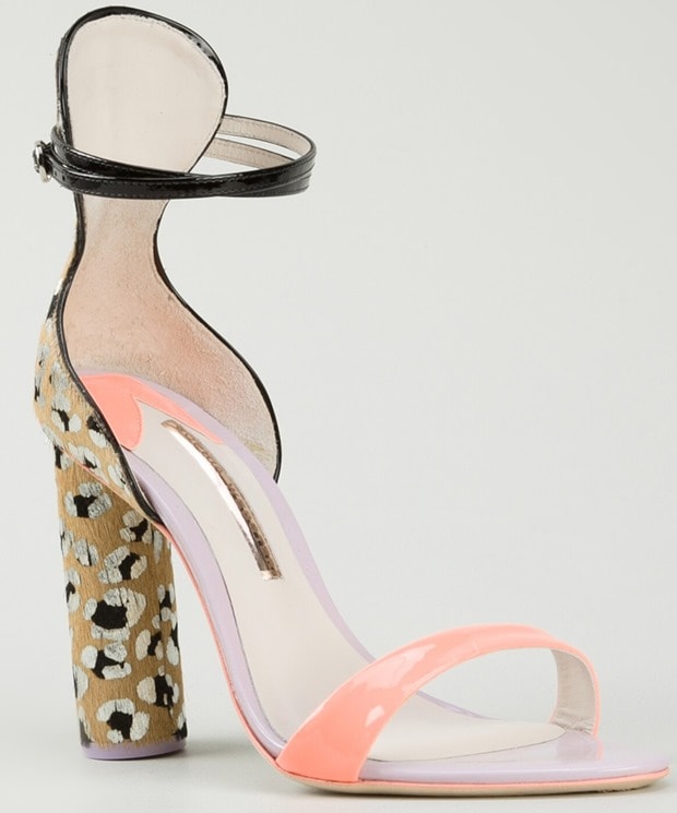 Sophia Webster “Nicole” Sandals in metallic leopard-print calf hair with neon orange front strap, black patent ankle strap, and a chunky 4.25-inch block heel, originally retailing for $495