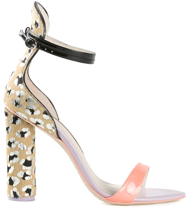 Sophia Webster “Nicole” Sandals in metallic leopard-print calf hair with neon orange front strap, black patent ankle strap, and a chunky 4.25-inch block heel, originally retailing for $495