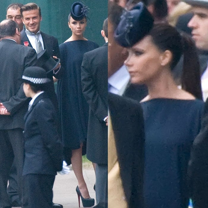 Victoria Beckham stunned at the Royal Wedding at Westminster Abbey on April 29, 2011, in a sleek Victoria Beckham dress, a Philip Treacy hat, Christian Louboutin Daffodile platform pumps, and a matching Victoria Beckham clutch