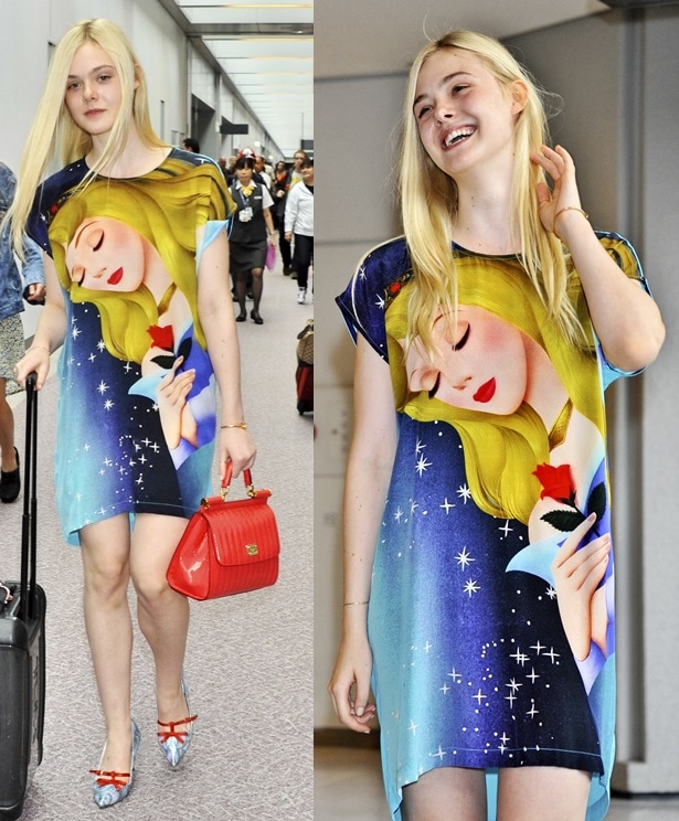 Elle Fanning turned heads at Narita International Airport in a playful T-shirt dress featuring a vibrant Sleeping Beauty print, referencing her role as Princess Aurora in Maleficent