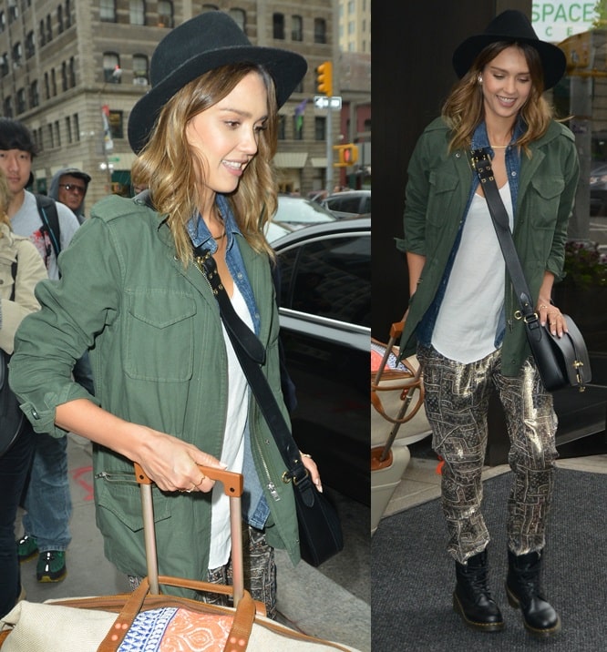 Jessica Alba wears an army jacket with Isabel Marant for HM silk pants and Dr. Martens 1460 boots