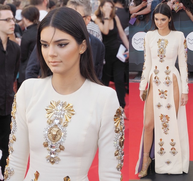 Kendall Jenner commands attention in a crystal-embellished Fausto Puglisi gown with daring front slits, paired with gold Tom Ford lace-up pumps at the 2014 MuchMusic Video Awards in Toronto