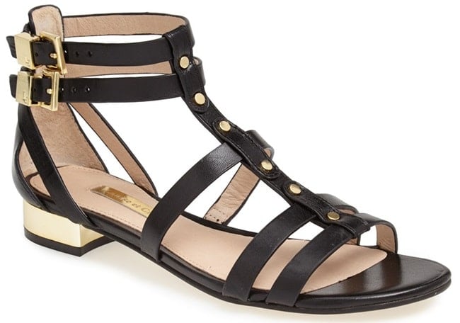 Louise et Cie Apolla gladiator sandals with gold studs and low metallic heels
