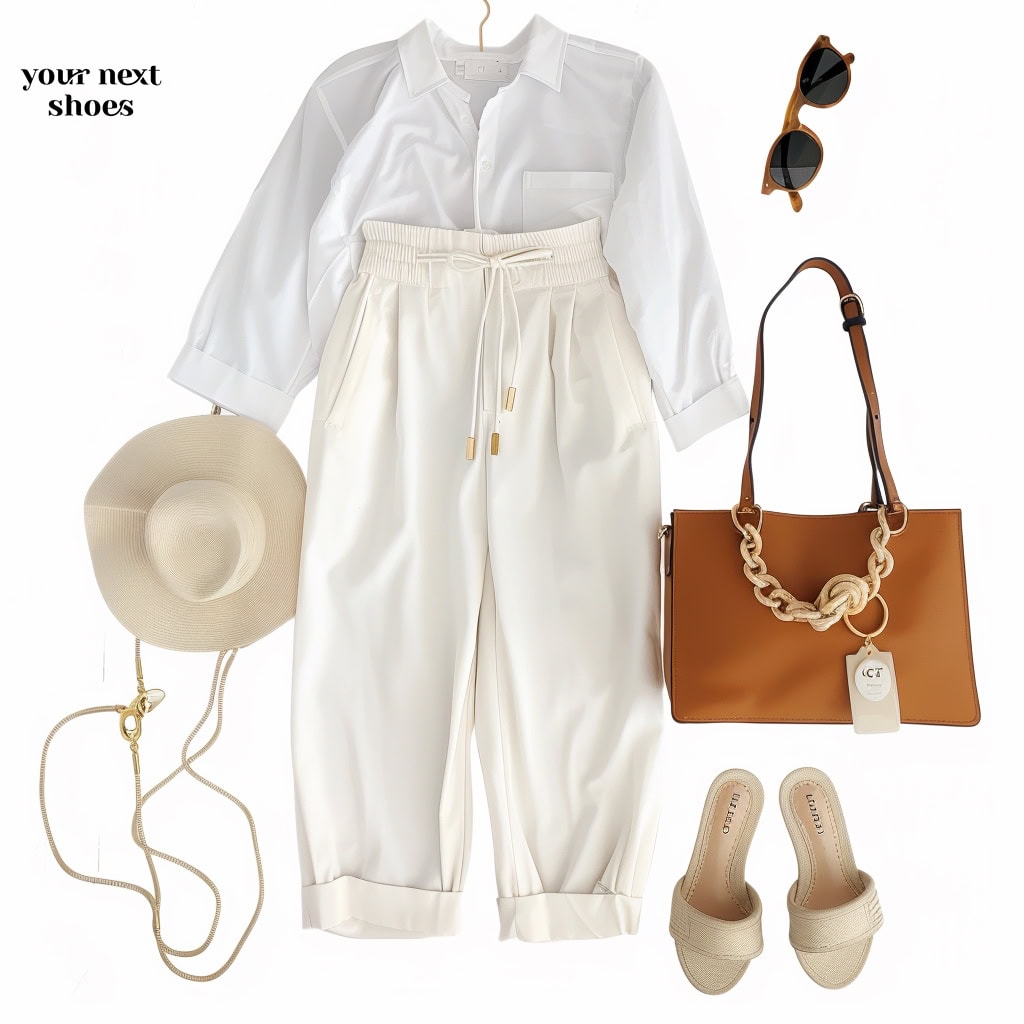 A stylish and casual daytime outfit featuring white wide-legged trousers with a drawstring waist, a crisp white button-up shirt, round sunglasses, a tan leather handbag with rope detail, beige slip-on sandals, and a beige sun hat