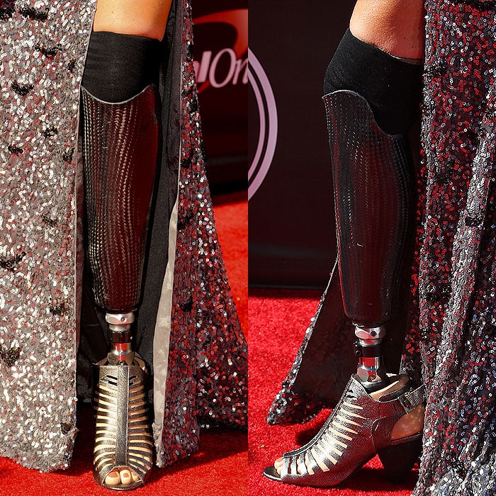 Amy Purdy wearing steel-hued Vince Camuto cage sandals