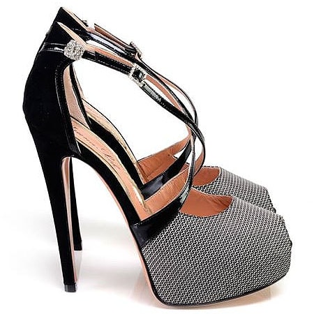 Aruna Seth “Venus” Platform Pumps featuring crisscross patent straps, a houndstooth pattern toe box, and a sleek stiletto heel