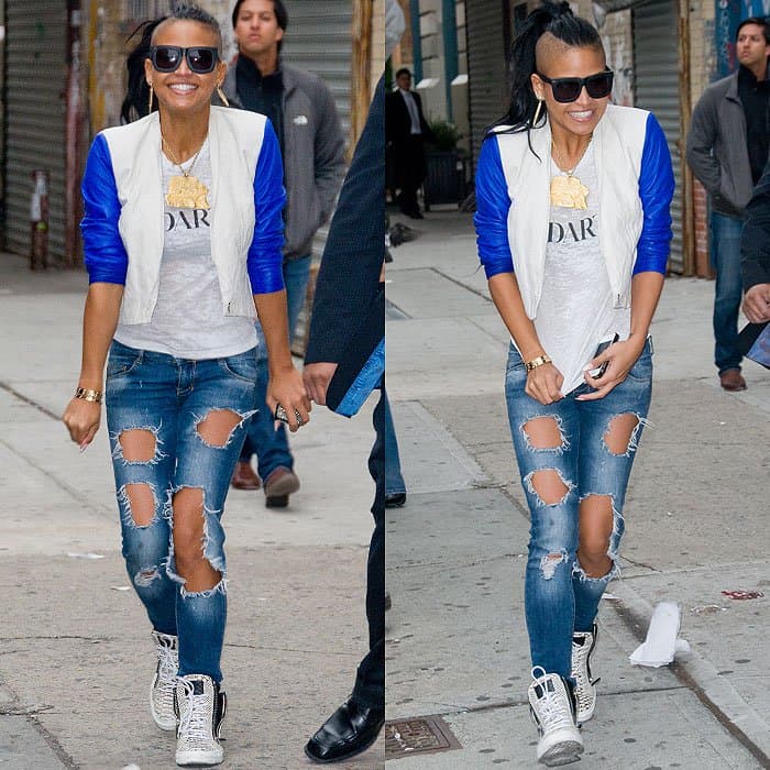 Cassie Ventura steps out in wildly distressed skinny jeans and studded high-top sneakers in Manhattan