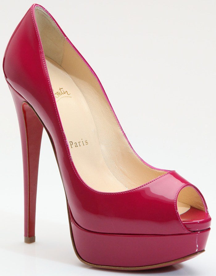 Pink patent leather Christian Louboutin “Lady Peep” platform pumps featuring a towering stiletto heel and signature red sole
